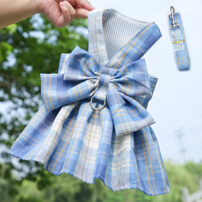 Reusable with Leash Traction Dog Plaid JK Dress Thin Dacron Pet Harness Skirt Washable Comfortable Dog Bow Skirt Puppy