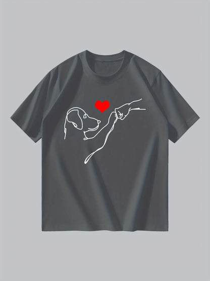 the LOVE PUNCH - Men's Summer 100% Cotton Fashionable Casual Loose Dog and Heart Pattern Printed Sports Round Neck Short Sleeve T-Shirt Top