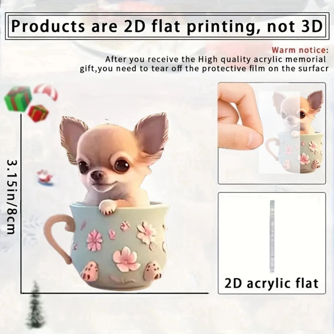 2D Chic Chihuahua Keychain Puppy in Tea Cup Pendant Ornament Acrylic Charm For Christmas ,Backpack,Bag,Home,Festive,Gift&Decor