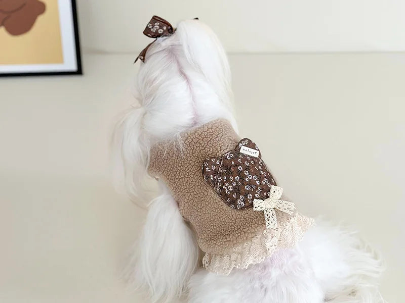Pet Flower Plush Coat Dog Flower Cake Skirt Cute Dog Plush Hat Dog Clothes Winter Bear Flower Plush Thick Vest Coat Bottom Skirt