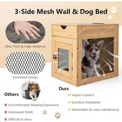 the DOGGY NIGHTSTAND - Dog Crate Furniture with Wireless Charging Function & USB Ports, Furniture Style Small Dog Crate, End Table with Drawer & Removable