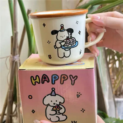 1Pcs Ins Cute Happy Bear Ceramic Mug Kawaii White Puppy Cartoon Coffee Mug Fashion Vintage Afternoon Tea Cup Pair Couple Gift