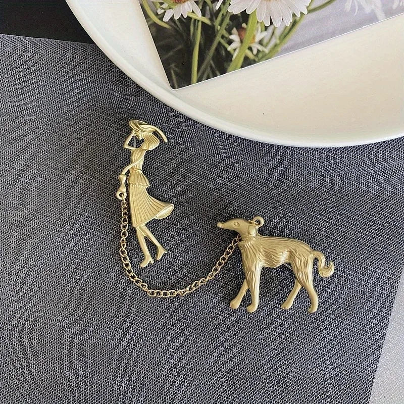 Fashion Lady Walking Dog Chain Brooch Women Suit Pin