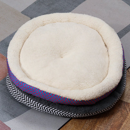 Winter Round Warm Dog Sofa Bed Pets Supplies Canvas Stripe Mat Plush Cats Nest Mat Dog Basket Pet Soft Cushion Machine Washable
