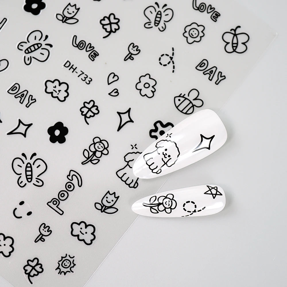 3D Flat Cute Cartoon Nail Stickers Doodle Cat Dog Heart Star Flower Nail Art Stickers Women DIY Manicure Decoration Decals