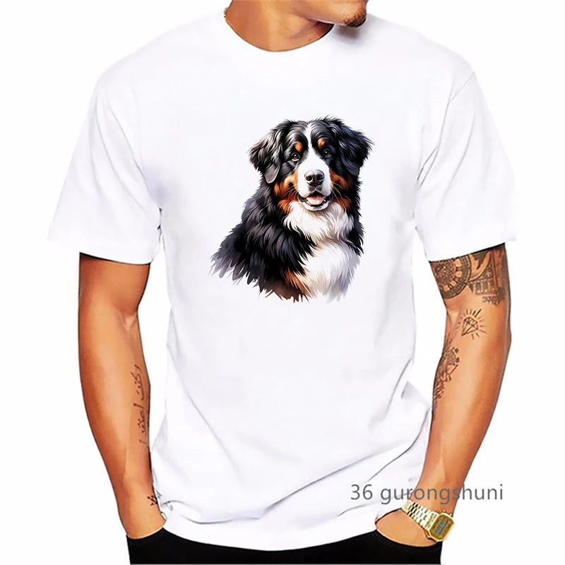the BERNESE - Bernese Mountain Dog Animal Printed T-Shirt, Men's Clothing Funny White T-Shirt, Homme Summer Fashion T-Shirt