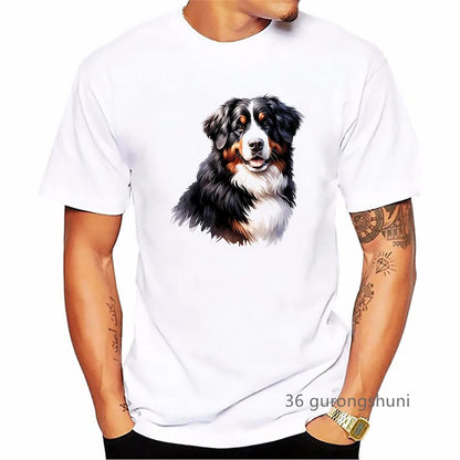 the BERNESE - Bernese Mountain Dog Animal Printed T-Shirt, Men's Clothing Funny White T-Shirt, Homme Summer Fashion T-Shirt