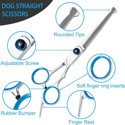5 in 1 Dog Grooming Scissors Kit for Grooming with Safety Round Tips Stainless Steel Thinning Shears Dog Pet Cat Shears