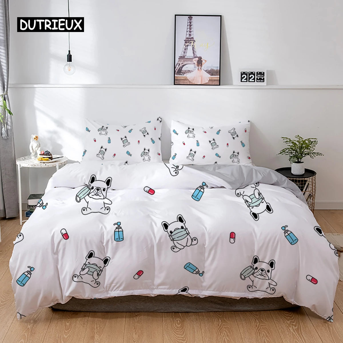 the PRINTED PET DUVET - 3D Dog Bedding Set, Cute French Bulldog Puppy Duvet Cover Sets, Cartoon Bed Cover, Pet Animals Home Textiles, Queen 2/3Pcs King Full
