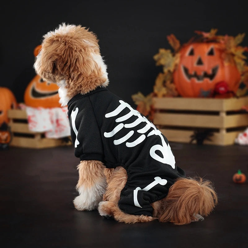 Halloween Dog Costume Glow-in-the-Dark Skeleton Bone Design Dog Clothes Cozy Polyester Jumpsuit for Small to Medium Breeds