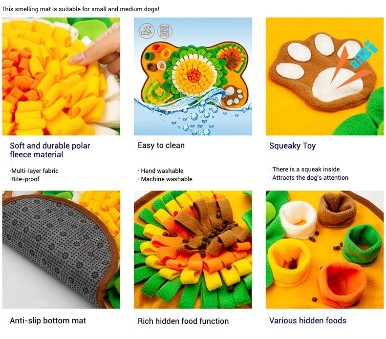 the SNIFFLE MAT - Interactive Dog Snuffle Mat for Small/Medium Dogs, Soft Durable Fleece with Squeaky Toy, Slow Feeding Anti-Anxiety, Machine Wash