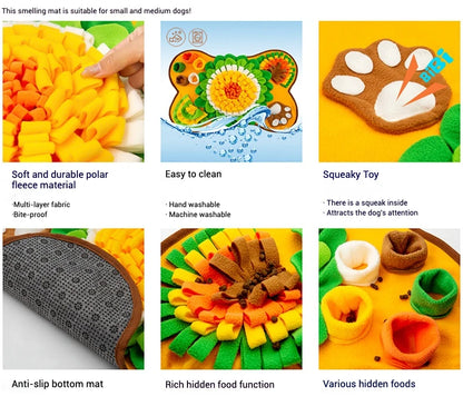 the SNIFFLE MAT - Interactive Dog Snuffle Mat for Small/Medium Dogs, Soft Durable Fleece with Squeaky Toy, Slow Feeding Anti-Anxiety, Machine Wash