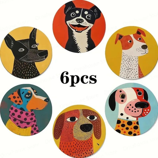 6PCS of Decorative Dog Wooden Coasters, 3.93-inch Heat-resistant Multi-color Design, Suitable for Home and Restaurant Decoration