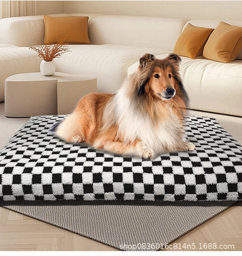 All-Season Checkerboard Dog Bed Mat - Waterproof, Washable Flannel Pet Pad for Crate, Sofa & Car