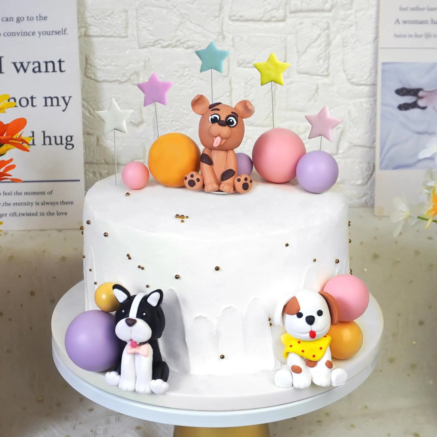 Dog Cake Topper Clay Figurines-Star&Ball Design with Paw Prints for Dog Birthday&Baby Shower,Yellow/Pink/Purple Pet Party Decor