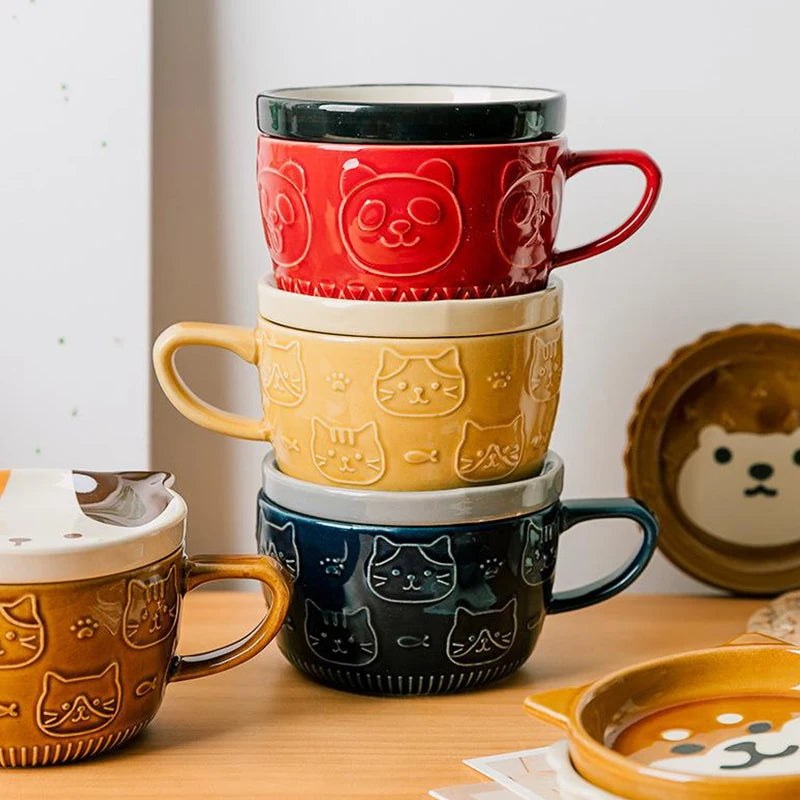 Ceramic Coffee Mug With Lid Japanese Cartoon Animal Pattern Breakfast Cup Mug Milk Cup