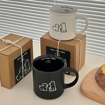 Premium Frosted Small Dog Mark Cup, Korean INS Breakfast Coffee Cup, Ceramic Cup Black and White Couple Cup Gift Box Set