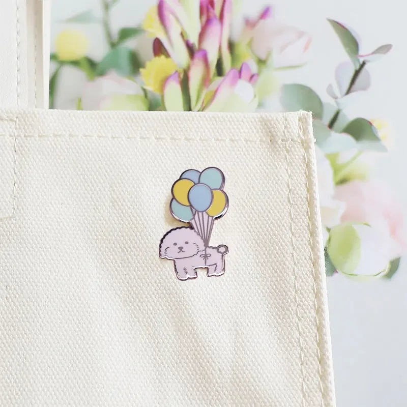 Vivi Dog with Balloons Enamel Pin Mini Puppy Bichon Frise Cute Dog Pet Brooch Badge