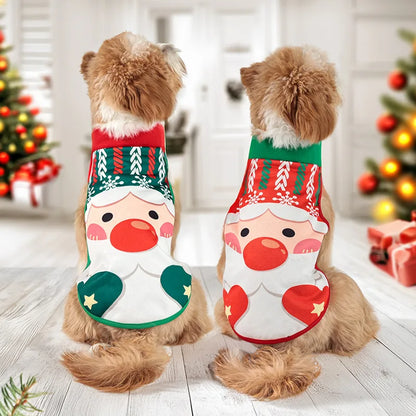 Christmas Santa Dog Vest Warm Fleece, Cartoon Print Pet Jacket, Red/Green, Sleeveless, Sizes S–XL for Small/Medium Dogs