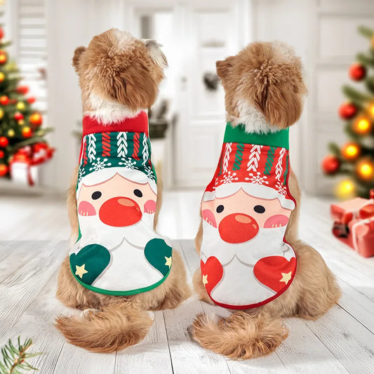 Christmas Santa Dog Vest Warm Fleece, Cartoon Print Pet Jacket, Red/Green, Sleeveless, Sizes S–XL for Small/Medium Dogs