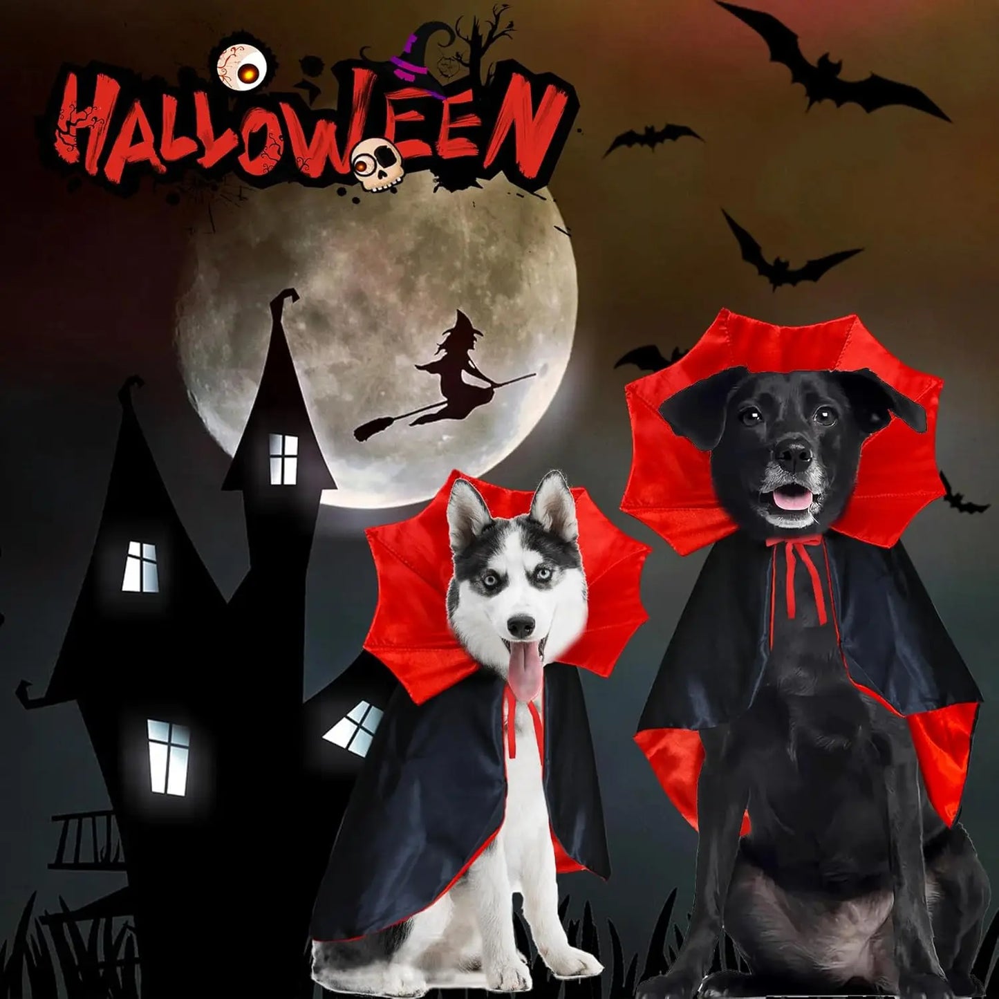 Halloween Dog Costume Vampire Devil Costume, Red and Black Vampire Cape, for Small Medium Large Pets, 1 Pack, Size L