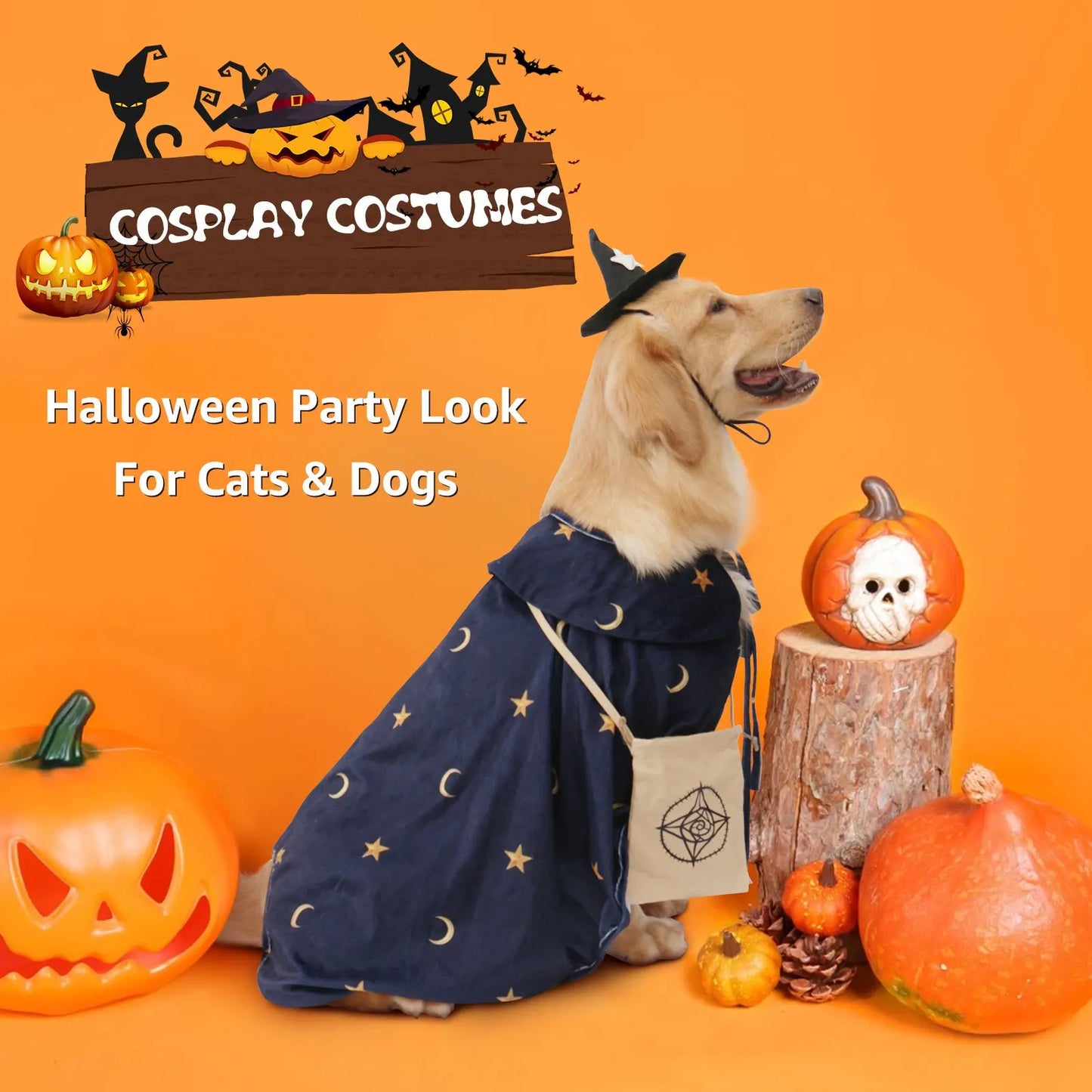 Deluxe Dog Halloween Outfit with Attached Treat Pocket Cape and Matching Hat for small middle Large Breeds
