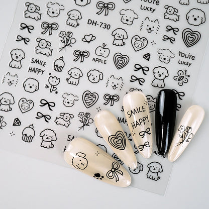 3D Flat Cute Cartoon Nail Stickers Doodle Cat Dog Heart Star Flower Nail Art Stickers Women DIY Manicure Decoration Decals