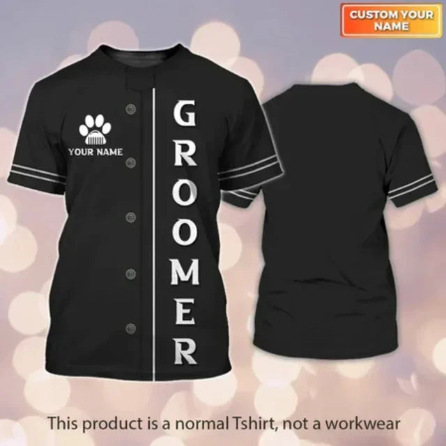 the GROOMER - Dog Grooming Graphic Printed Casual T-Shirts, Pet Groomer Customized Oversized Workwear, EU Size Unisex Pullover