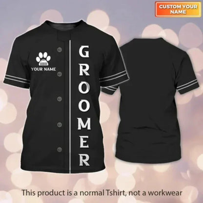 the GROOMER - Dog Grooming Graphic Printed Casual T-Shirts, Pet Groomer Customized Oversized Workwear, EU Size Unisex Pullover