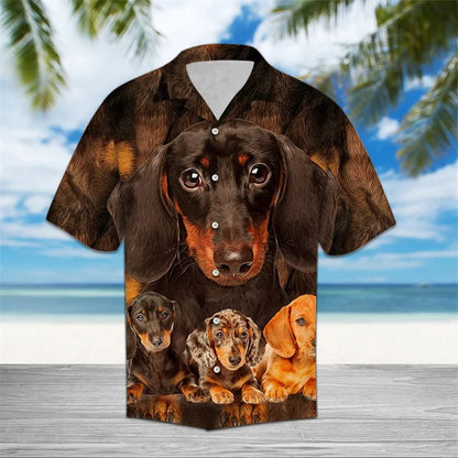 the HAWAIIAN DOG-O - Funny Dachshund Pattern Hawaiian Shirts, Summer Casual Short Sleeve Cute Dog 3D Printed Shirt, Loose Breathable Vacation Blouses