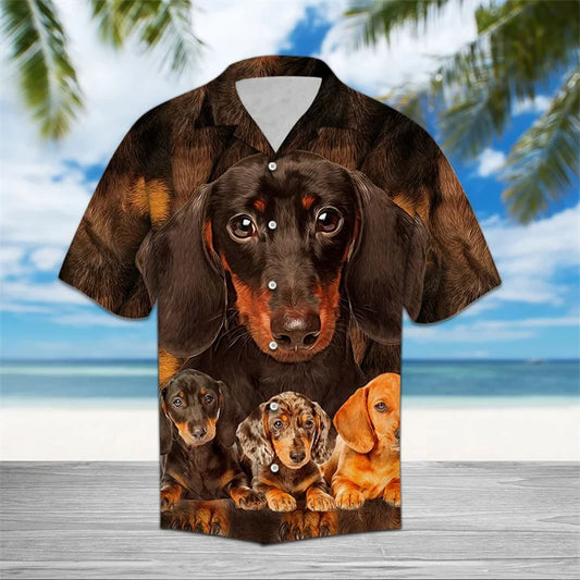 the HAWAIIAN DOG-O - Funny Dachshund Pattern Hawaiian Shirts, Summer Casual Short Sleeve Cute Dog 3D Printed Shirt, Loose Breathable Vacation Blouses