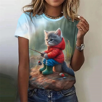the LITTLE FURBALLS - Cute Women's T-Shirt, Cat/Dog 3D Print Casual Short Sleeve Funny T-Shirts, Fashion Streetwear O-Neck Orange Cat Female Clothing