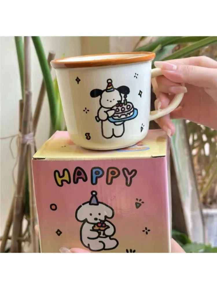 1Pcs Ins Cute Happy Bear Ceramic Mug Kawaii White Puppy Cartoon Coffee Mug Fashion Vintage Afternoon Tea Cup Pair Couple Gift