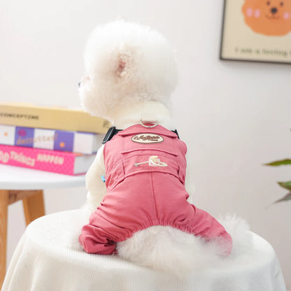 1-piece Pet Clothes Dog Autumn Handsome and Cute Going Out Striped Splicing Coral Pink Tooling Four-legged Overalls Jumpsuit