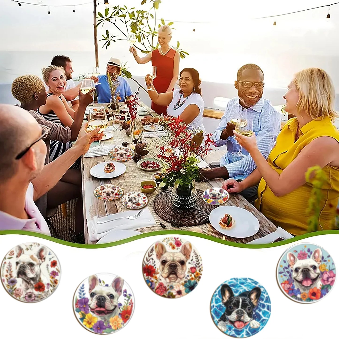 A set of 6-piece cute wooden round coasters with a little dog pattern is suitable for Thanksgiving and Mother's Day decoration