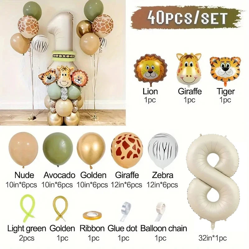 40 Pieces Jungle Retro Animal Balloons for Kids Birthday Number 12345 Gender Reveal Party Decoration Set Digital Birthday Ball