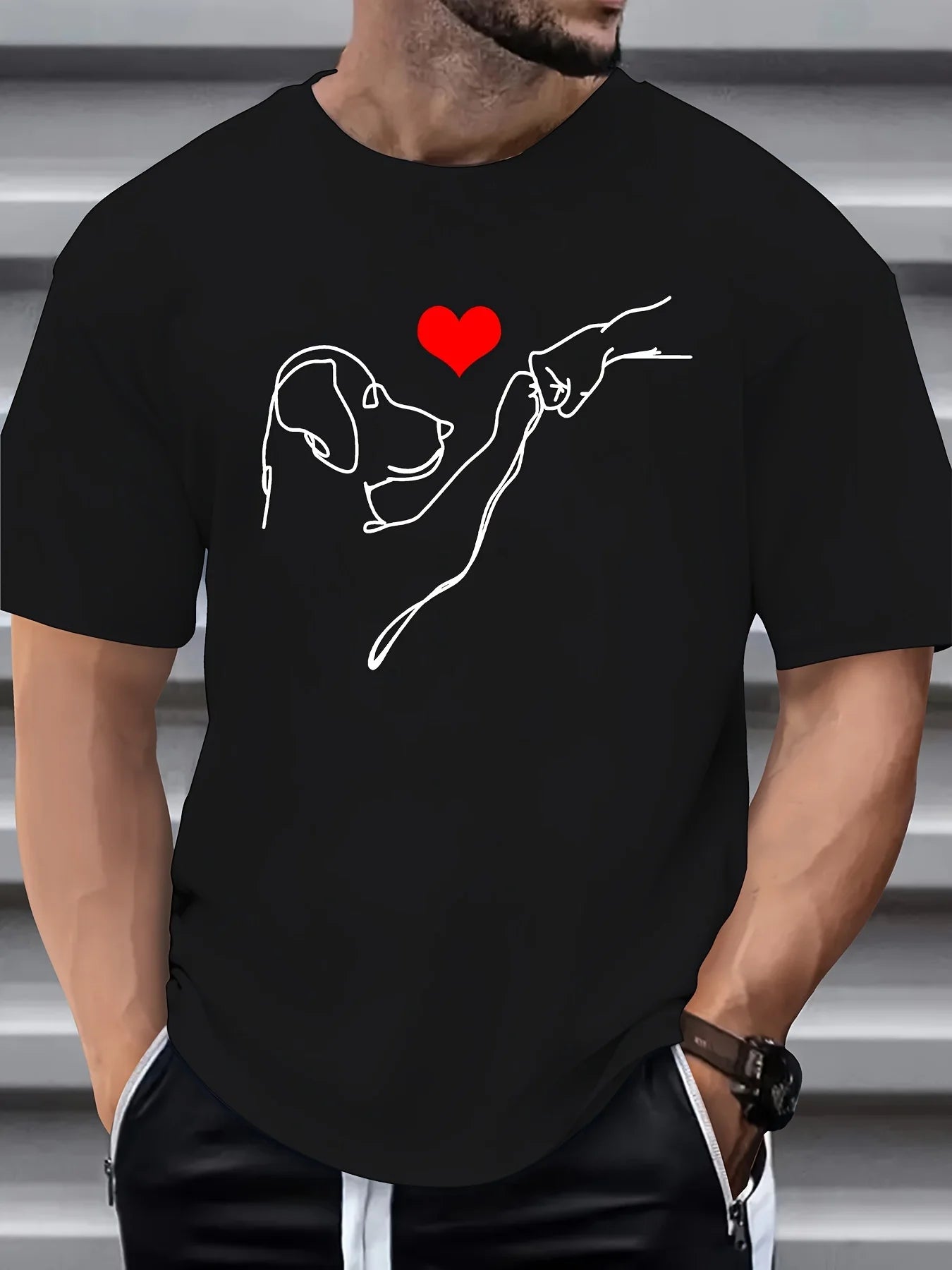 the LOVE PUNCH - Men's Summer 100% Cotton Fashionable Casual Loose Dog and Heart Pattern Printed Sports Round Neck Short Sleeve T-Shirt Top