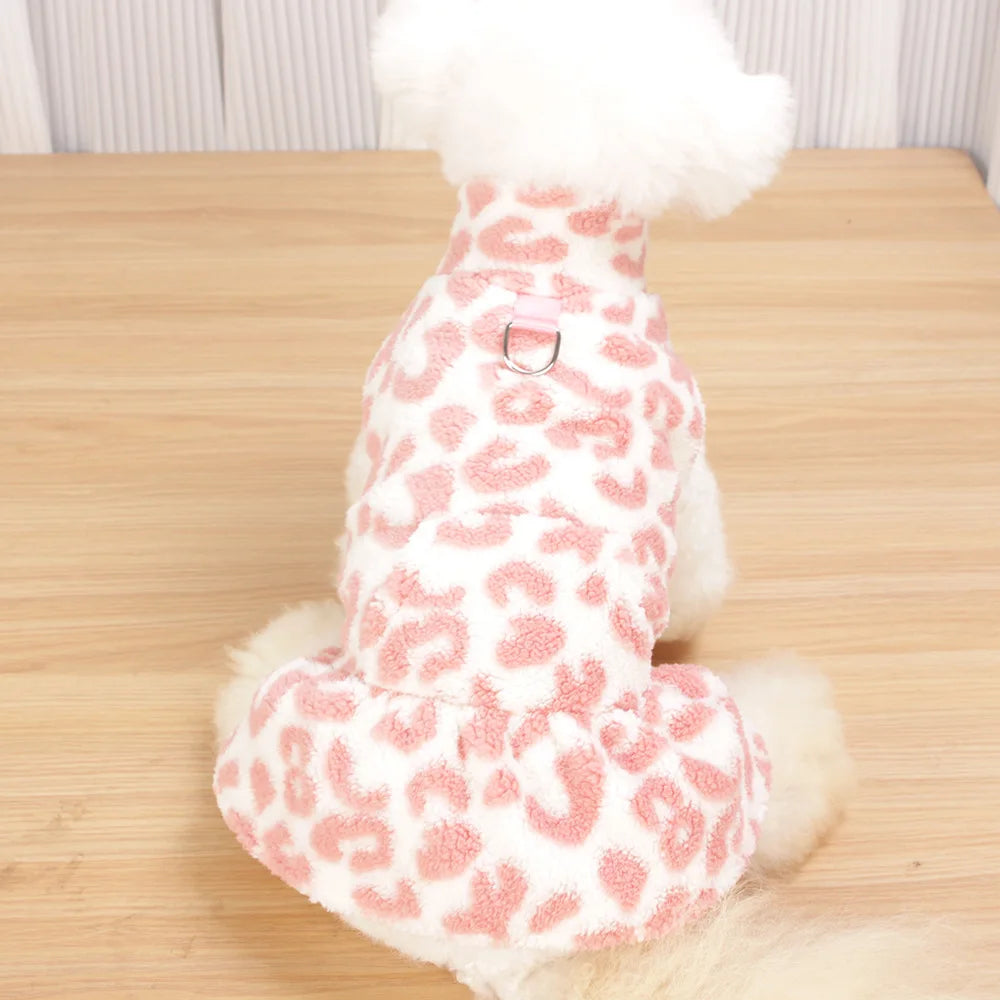 New Arrival Fleece Dog Dress Winter Leopard Print - Cute Princess Gown Outfit for Teddy Puppy Small Dogs Clothing
