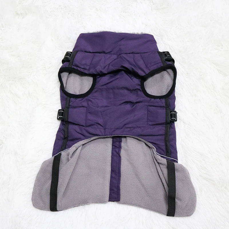 Waterproof Dog Clothes with Harness for Medium Large Dog Winter Warm Fur Collar Pet Dog Jacket Reflective French Bulldog Costume