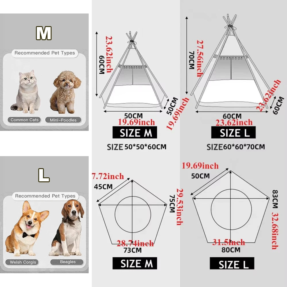 the BEIGE TEEPEE - Dog/Cat Teepee Pets Tent, Portable Dog Tent Bed with Plush Cushion, Soft Kennels Playhouse Removable and Washable Puppy Teepee